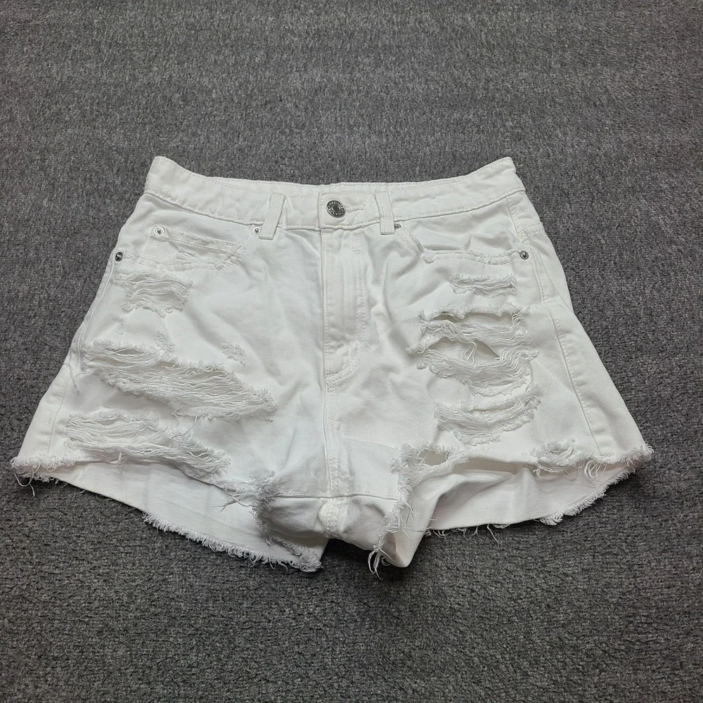 Garage Festival Denim Shorts Women 7 White Good Distressed High Rise Raw Hem
